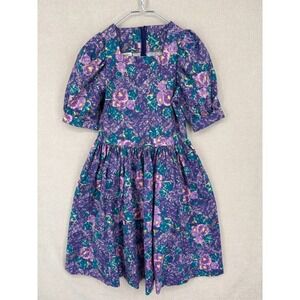 Vintage Laura Ashley Dress 8 Purple Floral Cotton Puff Sleeve Cottagecore 80s